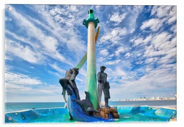 Mazatlan, Mexico, a Fishermen monument (Monumento al Pescador) located on scenic Mazatlan Promenade (Malecon) near the ocean shore and historic city center Acrylic by Elijah Lovkoff