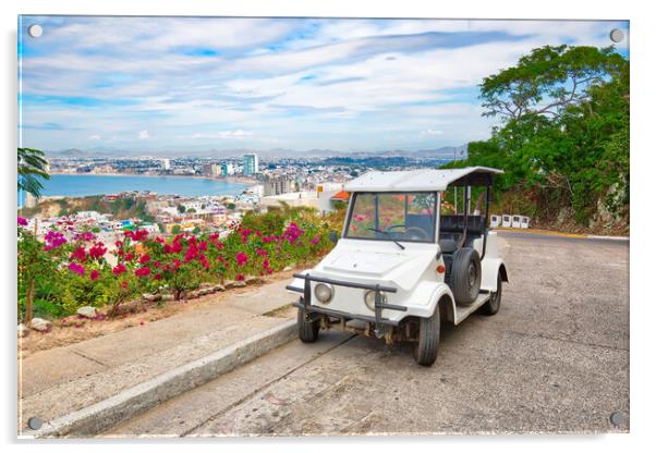 Pulmonia taxi with panoramic view of the Mazatlan Old City Acrylic by Elijah Lovkoff