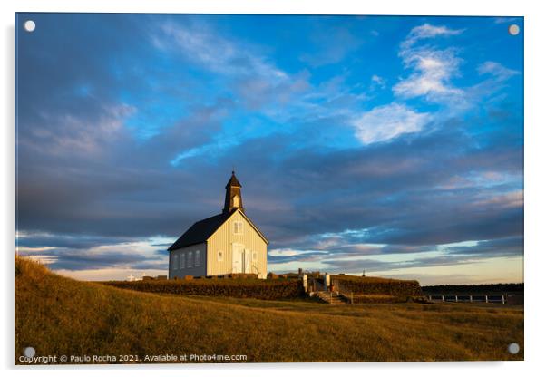 Strandkirkja in Iceland at sunset Acrylic by Paulo Rocha