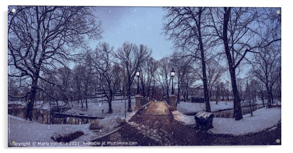 Panorama of a snowy city park during in the evening Acrylic by Maria Vonotna
