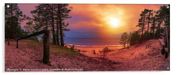 Colorful sunset over sea and pine forest Acrylic by Maria Vonotna