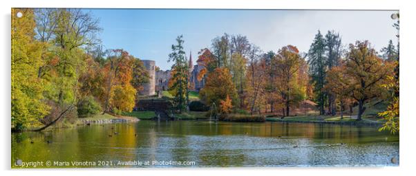 View of lake and medieval castle in autumn.  Acrylic by Maria Vonotna