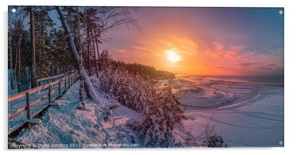 Colorful sunset over snowy sea coast and pine  Acrylic by Maria Vonotna