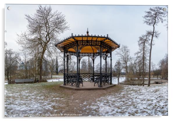 Metal openwork gazebo in public park in winter Acrylic by Maria Vonotna