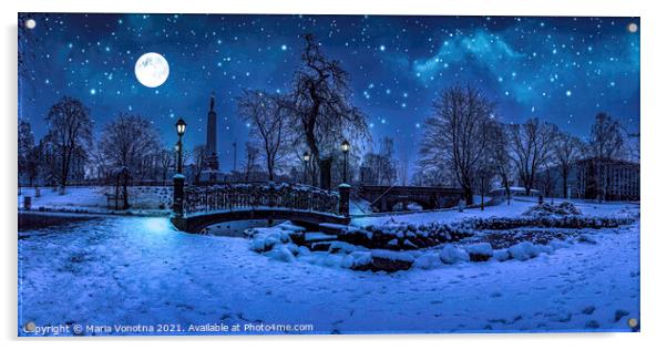 Winter night with starry sky and full moon in snow Acrylic by Maria Vonotna