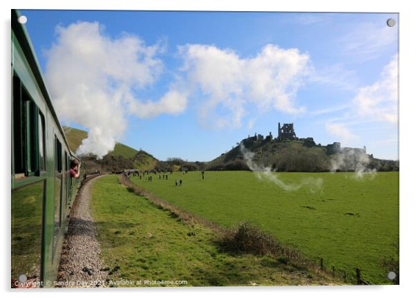 Flying Scotsman and Corfe Castle.  Acrylic by Sandra Day