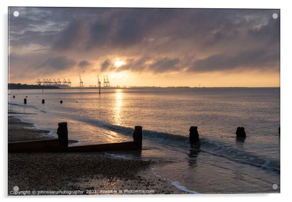Harwich Docks at sunrise from Dovercourt Beach       1323 Acrylic by johnseanphotography 