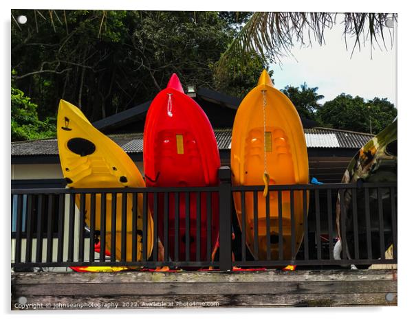 Redang Island Malaysia Colourful kayaks, boats and canoes stacke Acrylic by johnseanphotography 