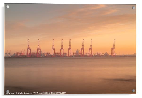 Liverpool Cranes Sunrise Acrylic by Philip Brookes