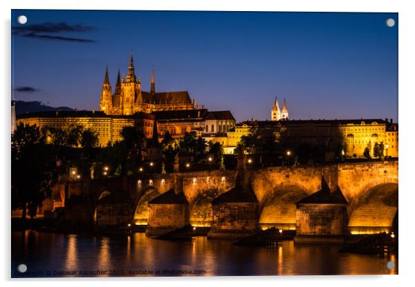 Prague Cityscape at Night with Saint Vitus Cathedral and Charles Acrylic by Dietmar Rauscher