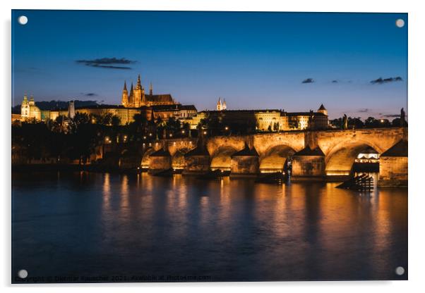 Charles Bridge in Prague at Night and  St Vitus Cathedral  Acrylic by Dietmar Rauscher