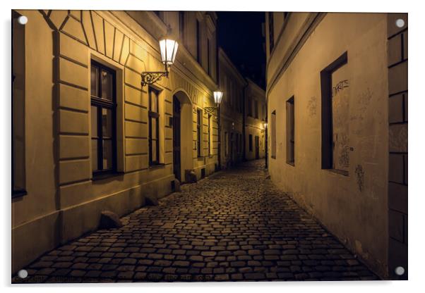Retezova Street in Prague at Night, a Mysterious, Dark Cobblesto Acrylic by Dietmar Rauscher