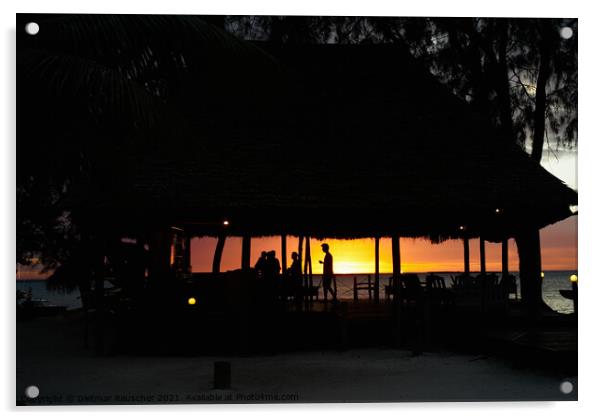 Silhouette of a Beach Bar against a Romantic Sunset Acrylic by Dietmar Rauscher