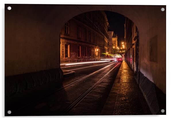 Smetanovo Nabrezi Passage in Prague at Night Acrylic by Dietmar Rauscher