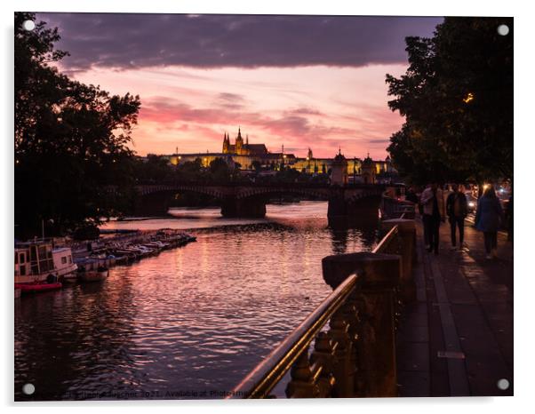 River Vltava in Prague at Sunset  Acrylic by Dietmar Rauscher