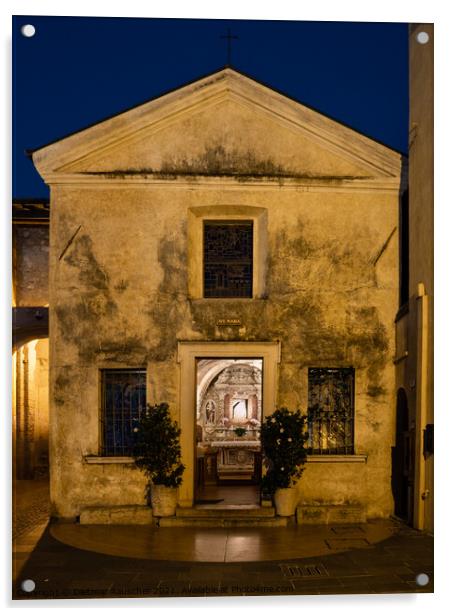 Sant’Anna della Rocca church in Sirmione at Night Acrylic by Dietmar Rauscher