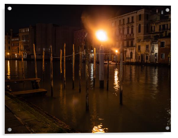 Mooring Posts on Canal Grande, Venice, at Night Acrylic by Dietmar Rauscher