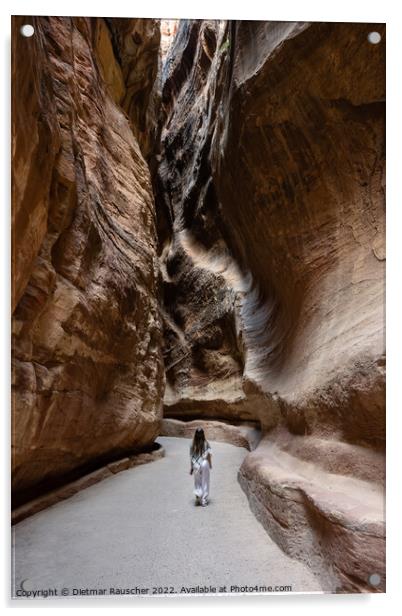 The Siq Gorge in the Nabatean City Petra with a Girl Acrylic by Dietmar Rauscher