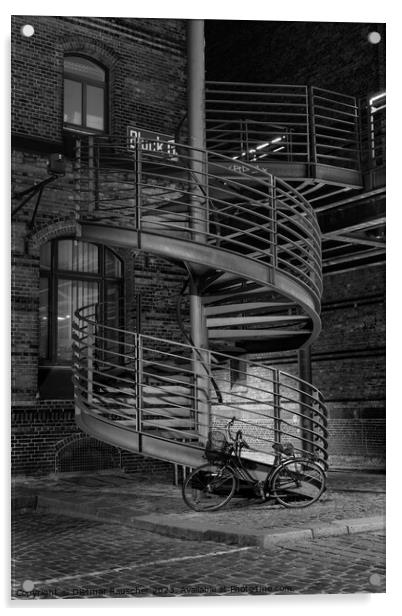 Spiral Staircase and Bicycle in the Speicherstadt of Hamburg Acrylic by Dietmar Rauscher