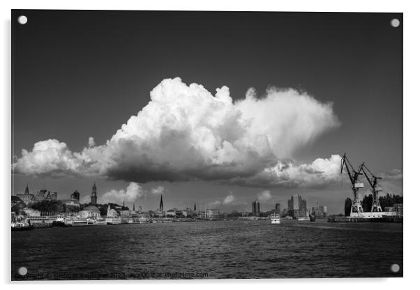 Hamburg Black andWhite Cityscape with Elbe River Acrylic by Dietmar Rauscher