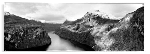 Geirangerfjord Fjord Aerial Norway black and white Acrylic by Sonny Ryse