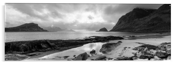 Haukland beach Lofoten islands black and white Norway Acrylic by Sonny Ryse