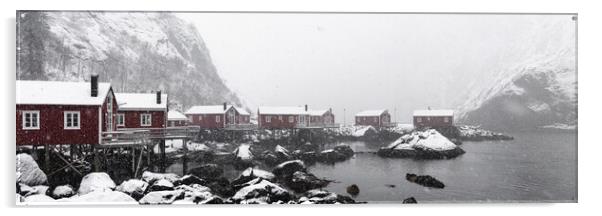 Nusfjord Red cabins huts covered in snow Lofoten Islands in the  Acrylic by Sonny Ryse