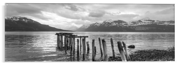 Old fishing Pier Ullsfjorden Fjord Lyngen Alps Black and white T Acrylic by Sonny Ryse
