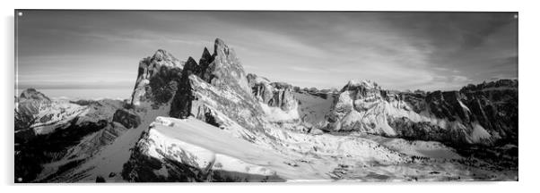 Seceda Alm Ridgeline in Winter Dolomiti Italy Black and white Acrylic by Sonny Ryse