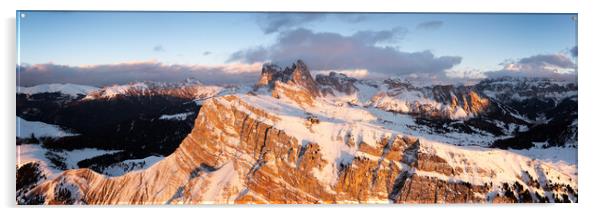 Seceda Alm Ridgeline aerial at sunset in Winter Dolomites Italy Acrylic by Sonny Ryse