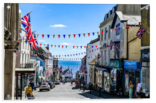 Broad Street Lyme Regis with bunting and union jack flags Acrylic by Love Lyme Regis
