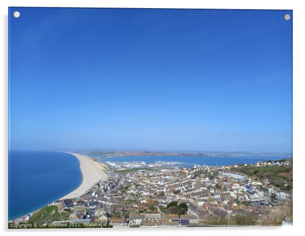 Chesil beach from Portland  Acrylic by Les Schofield