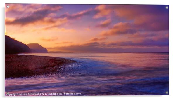 Serene Sunrise at Charmouth Beach Acrylic by Les Schofield