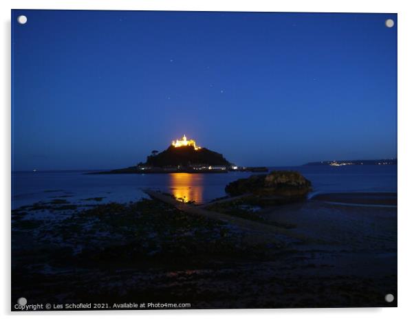 St Micheal's Mount Night Scene Cornwall  Acrylic by Les Schofield