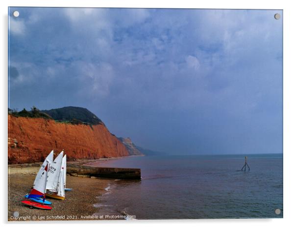 Sidmouth  Red Cliffs and Boats Acrylic by Les Schofield