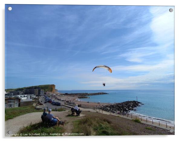 Paragliding over  west Bay Jurassic coast Acrylic by Les Schofield