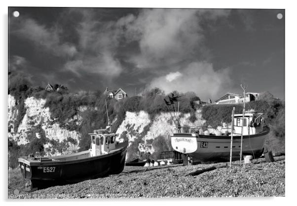 Black and white fishing boats at Beer in Devon Acrylic by Les Schofield