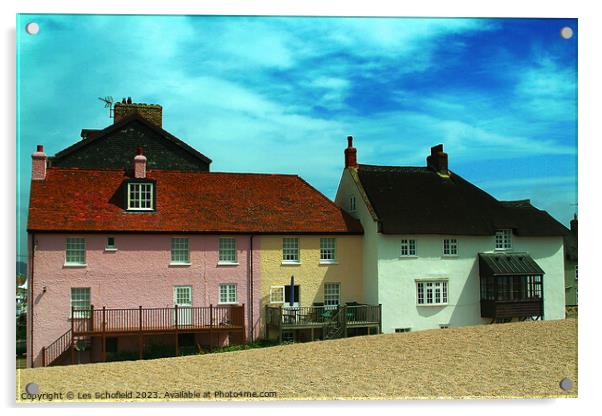 West Bay Cottages on the Beach Acrylic by Les Schofield