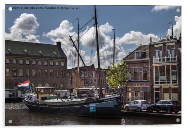 Navigating Leiden's Historic Harbor Acrylic by Ron Ella