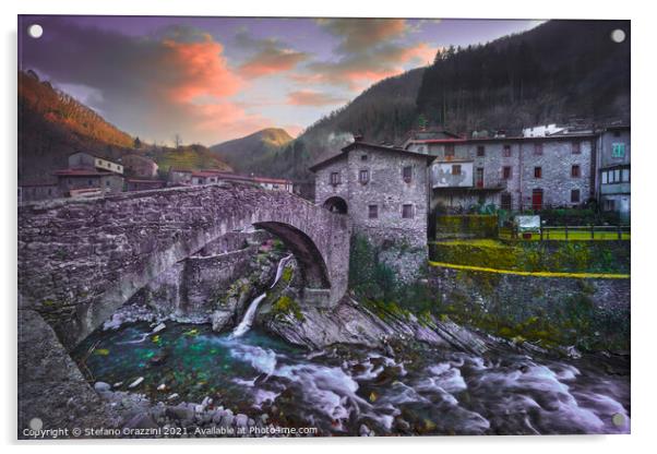 Fabbriche di Vallico, the Bridge and the Creek Acrylic by Stefano Orazzini