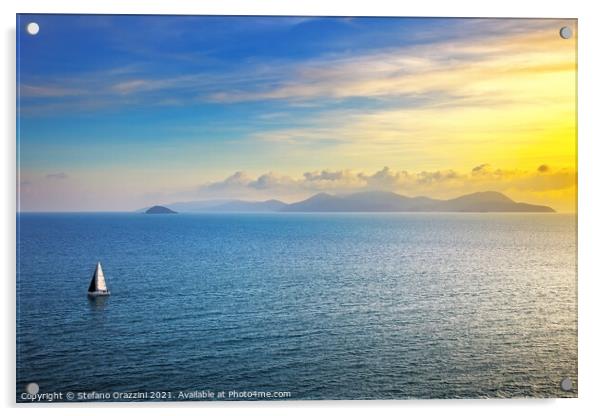 Elba island sunset view and sail boat Acrylic by Stefano Orazzini