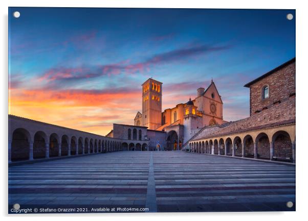 Assisi, San Francesco Basilica at sunset. Umbria, Italy. Acrylic by Stefano Orazzini