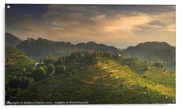 Prosecco Hills, vineyards, S. Lorenzo church and Credazzo Towers Acrylic by Stefano Orazzini