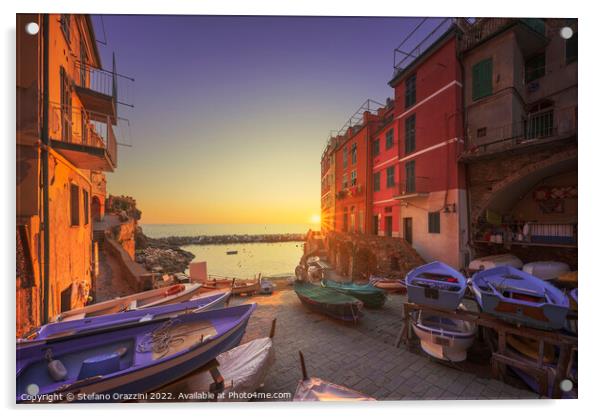 Riomaggiore village boats in the street at sunset. Cinque Terre Acrylic by Stefano Orazzini