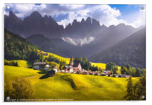 Dolomites Alps, Santa Magdalena village and Odle mountains Acrylic by Stefano Orazzini