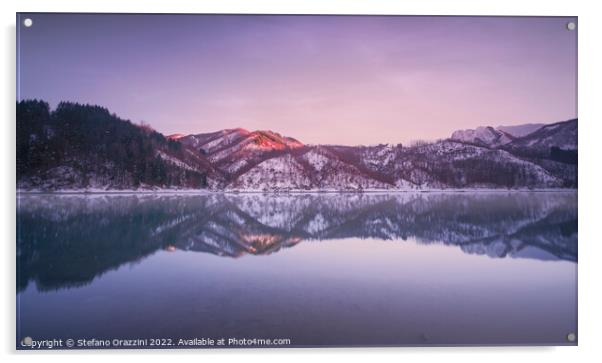 Gramolazzo lake and snow in Apuan mountains. Garfagnana, Tuscany Acrylic by Stefano Orazzini