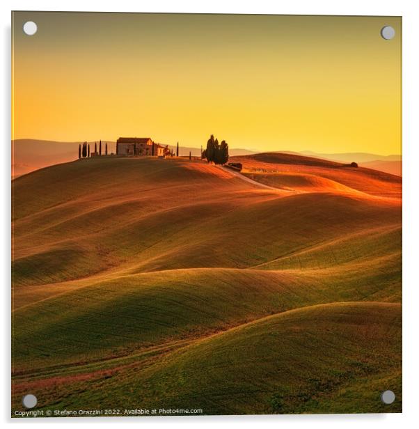 Tuscany, Rolling hills and countryside farm at sunset Acrylic by Stefano Orazzini