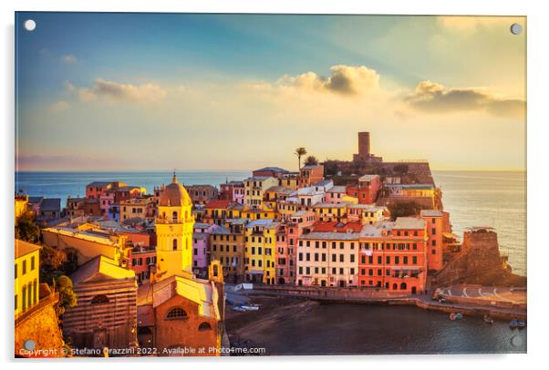 Vernazza village, aerial view at sunset. Cinque Terre, Ligury Acrylic by Stefano Orazzini