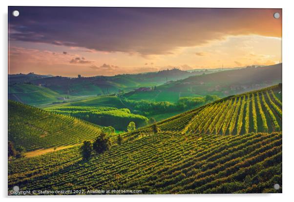 Langhe vineyards at sunrise. Neive, Piedmont. Acrylic by Stefano Orazzini