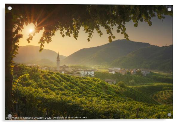 Prosecco Hills, vineyards and Guia village at dawn. Unesco Site. Acrylic by Stefano Orazzini